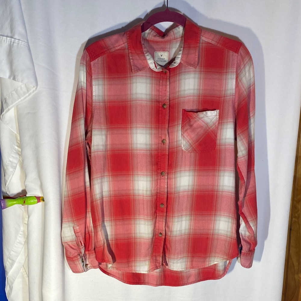 American Eagle Women’s Vintage Boyfriend Red Plaid Button-Down Shirt, Size L